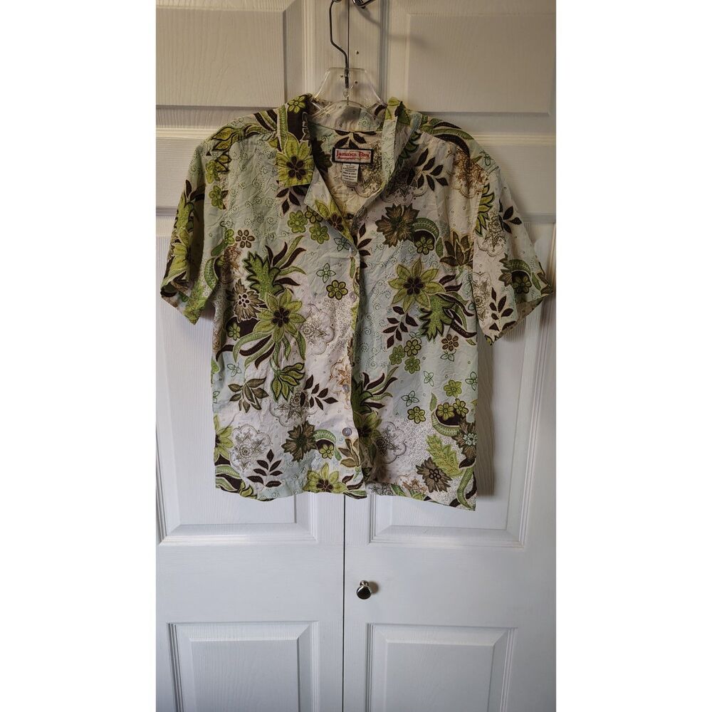 Vtg Jamaica Bay Tropical Floral Button Up Shirt Green & Brown Hawaiian Shirt L